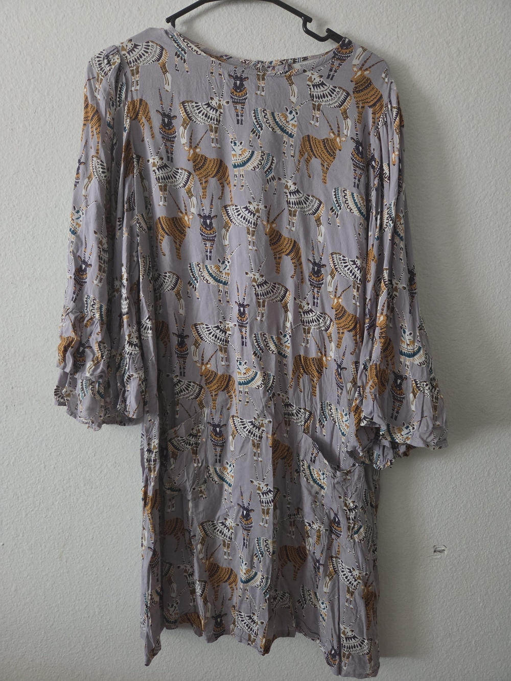 World Market Boho Tiered Women's Dress in Light Gray with Tribal Print Large